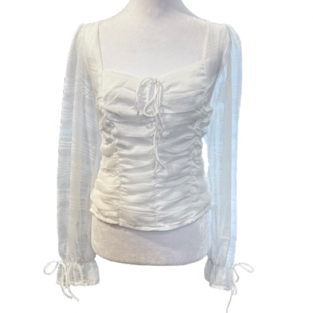 Audrey Parks Ruched Sheer Square Neck Blouse Balletcore Angelic Ethereal Size XL